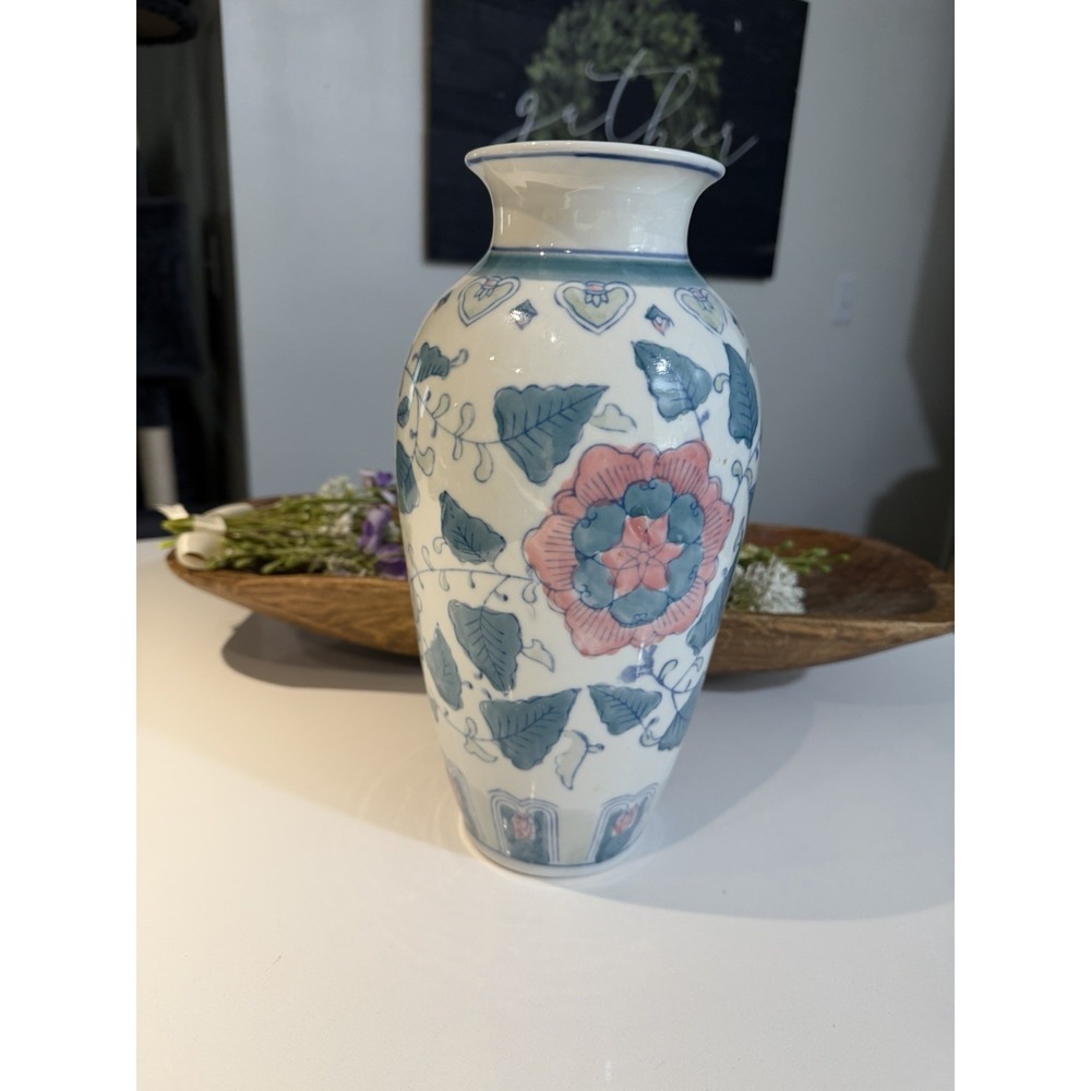 Chinoiserie porcelain Vase Vintage hand painted  floral vase 12" 1970